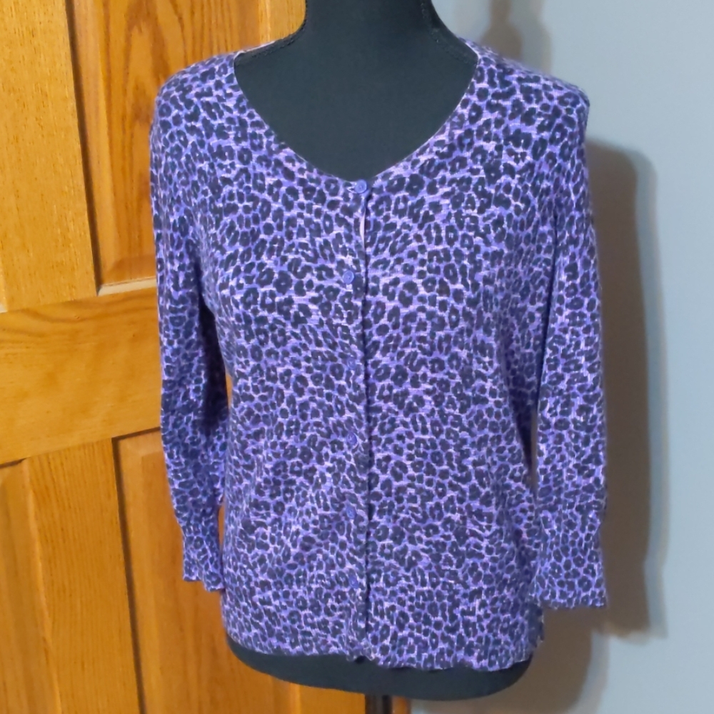 Dana Buchman Purple Leopard Print Classic Cardigan